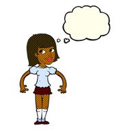 cartoon woman shrugging shoulders with thought bubble N256