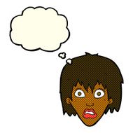 cartoon frightened woman with thought bubble N16