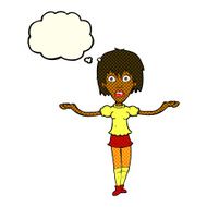 cartoon woman shrugging shoulders with thought bubble N258