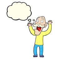 cartoon old man getting a fright with thought bubble N5