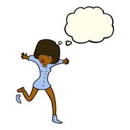 cartoon woman kicking off sock with thought bubble N5