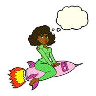 cartoon army pin up girl riding missile with thought bubble N5