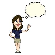 cartoon woman waving with thought bubble N185