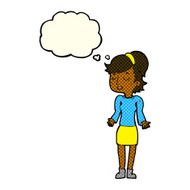 cartoon woman shrugging shoulders with thought bubble N260