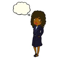cartoon woman in trench coat with thought bubble N13