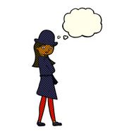 cartoon female spy with thought bubble N17
