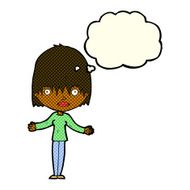 cartoon woman shrugging shoulders with thought bubble N261