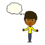cartoon woman shrugging shoulders with thought bubble N262