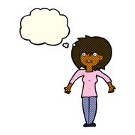 cartoon woman shrugging shoulders with thought bubble N263