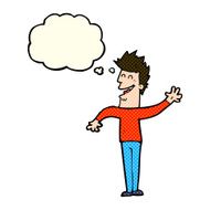 cartoon happy man waving with thought bubble N19