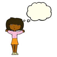 cartoon woman raising arms in air with thought bubble N6