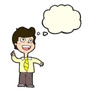 cartoon school boy raising hand with thought bubble N6