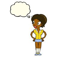 cartoon happy woman in short skirt with thought bubble N6