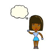 cartoon waving woman with thought bubble N75