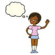 cartoon waving woman with thought bubble N76