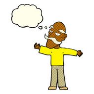 cartoon old man spreading arms wide with thought bubble N5