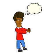 cartoon bored man showing the way with thought bubble N6