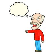 cartoon scared old man pointing with thought bubble N6