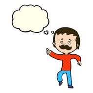 cartoon man with mustache pointing thought bubble N18