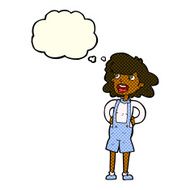 cartoon woman in dungarees with thought bubble N3