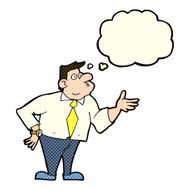 cartoon businessman asking question with thought bubble N6