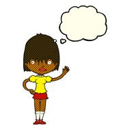 cartoon waving woman with thought bubble N77