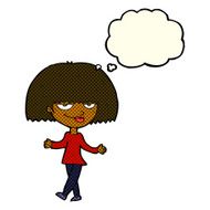 cartoon smug looking woman with thought bubble N6
