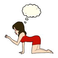 cartoon woman on all fours with thought bubble N12