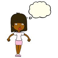 cartoon woman shrugging shoulders with thought bubble N265