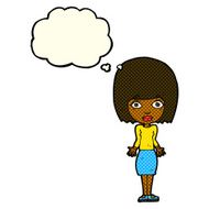 cartoon woman shrugging shoulders with thought bubble N266