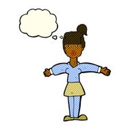 cartoon woman shrugging shoulders with thought bubble N267