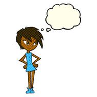 cartoon girl with hands on hips thought bubble N10