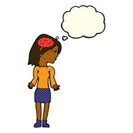 cartoon clever woman shrugging shoulders with thought bubble N6
