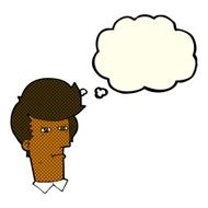cartoon man narrowing eyes with thought bubble N22