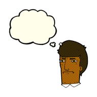 cartoon man narrowing eyes with thought bubble N23