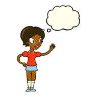 cartoon waving woman with thought bubble N83