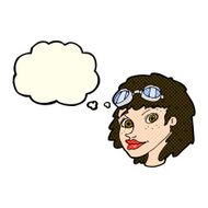 cartoon happy woman wearing aviator goggles with thought bubble N6
