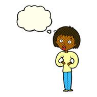 cartoon woman gesturing at self with thought bubble N15