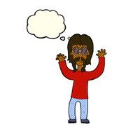 cartoon hippie man waving arms with thought bubble N6