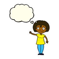 cartoon happy woman pointing with thought bubble N36