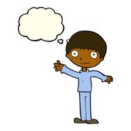 cartoon happy waving boy with thought bubble N11