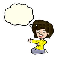 cartoon shocked woman on knees with thought bubble N6