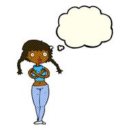 cartoon offended woman covering herself with thought bubble N6
