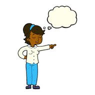 cartoon friendly woman pointing with thought bubble N6