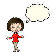 cartoon woman shrugging shoulders with thought bubble N269