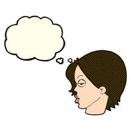 cartoon woman raising eyebrow with thought bubble N12
