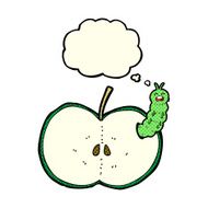 cartoon bug eating apple with thought bubble N12