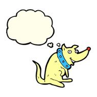 cartoon happy dog in big collar with thought bubble N4