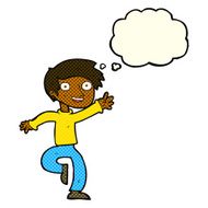 cartoon excited boy dancing with thought bubble N6