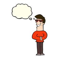 cartoon grinning man wearing sunglasses with thought bubble N4